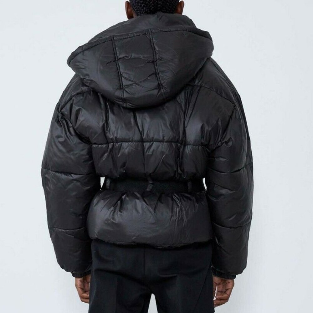 NEW Zara Black Sorona Dupont Removable Hood Soft Cozy Puffer Jacket with Belt - Picture 5 of 9